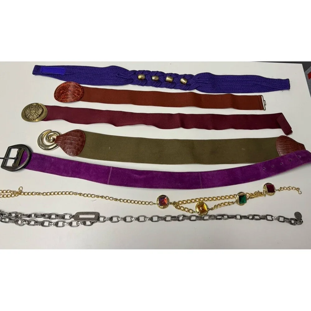 Vintage 80s 70s Women’s Belts Lot Of 7 Elastic Stretch Chain Jewel Medallions